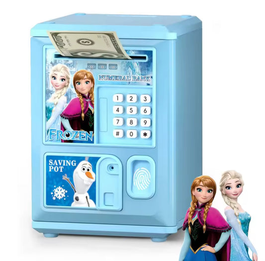 Reine des neiges tirelire électronique code empreinte depose le billet et la tirelire le récupère automatiquement prend en compte pièces et billets