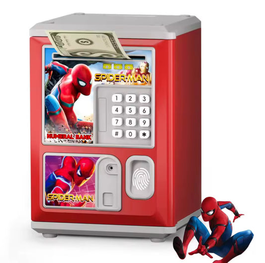 Spiderman tirelire électronique code empreinte depose le billet et la tirelire le récupère automatiquement prend en compte pièces et billets